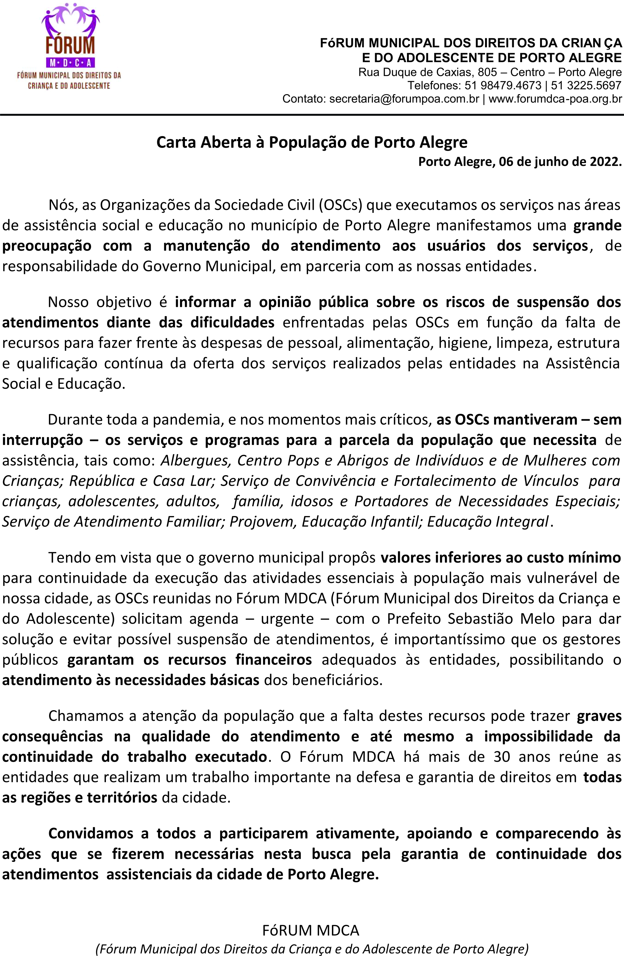 Carta aberta à População de Porto Alegre